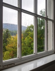 A window frame view of a rainy, forested landscape with autumn colors and a distant mountain