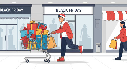 Black Friday shoppers with carts full of gifts enjoying post-holiday shopping