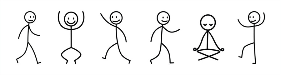Stick Figure Poses Walking, Jumping, Smiling, Meditation, and Reaching Up with Joyful Movement
