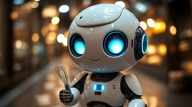 Friendly robot chef holding whisk in vibrant kitchen