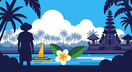 Balinese tropical paradise with temple and sailing boat for summer vacation