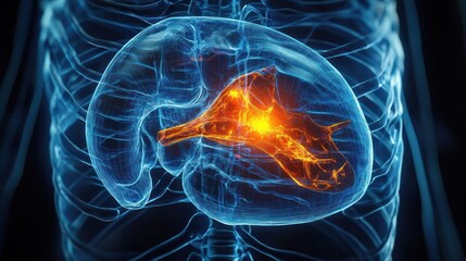 transparent human torso revealing ribcage and a glowing orange liver with biliary structures, high-tech anatomical visualization conveying urgency and intensity