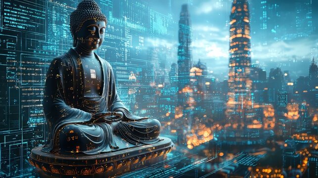 Serene Buddha in a Futuristic Cityscape Digital Art
