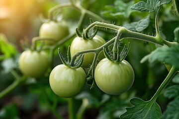 Cluster of green unripe tomatoes on a hairy vine with sunlit leaves, fresh serene garden growth in warm morning light