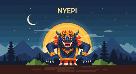 Stunning Balinese Nyepi Day illustration with Ogoh-Ogoh demon at night sky