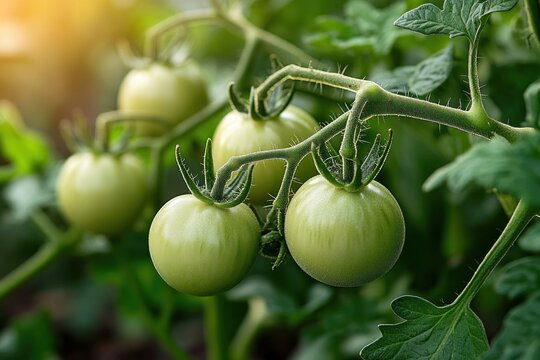 Cluster of green unripe tomatoes on a hairy vine with sunlit leaves, fresh serene garden growth in warm morning light