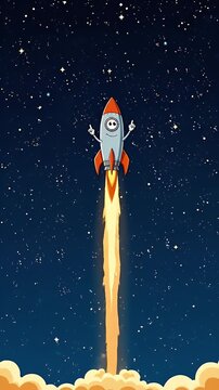 Pixel Art Rocket Ship Launching Into Starry Night Sky