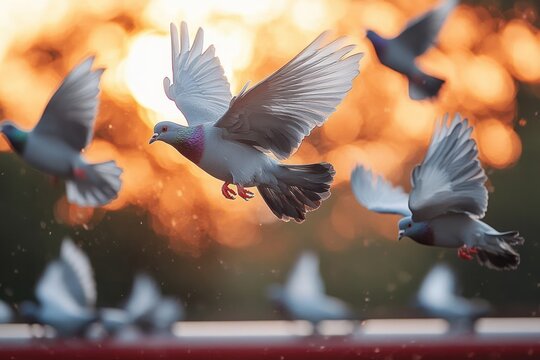 pigeons in flight at golden sunset with glowing bokeh and graceful wings conveying calm and freedom