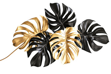 A stunning arrangement of black and gold monstera leaves artistically displayed on a clean white background. perfect for nature-themed decor or modern design projects