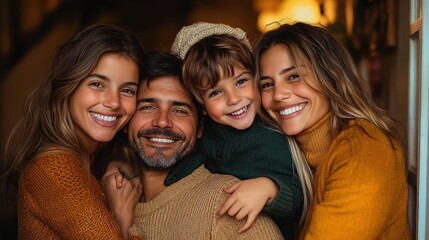 Warm family embrace in a cozy home with adults and child wearing knit sweaters and a beanie, intimate affectionate moment bathed in golden light
