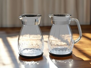 Two clear glass pitchers on a wooden table with black coasters, soft sunlight and warm reflections, one pitcher with handle and one without, calm cozy morning still life