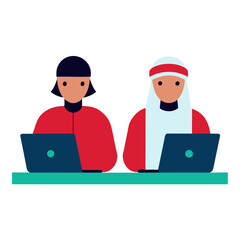 Coworkers in Traditional Clothing Working on Laptops Cartoon Vector