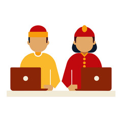 Coworkers in Traditional Clothing Working on Laptops Cartoon Vector