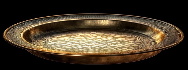 ornate golden brass serving tray with engraved geometric pattern on black background conveying elegance and opulence