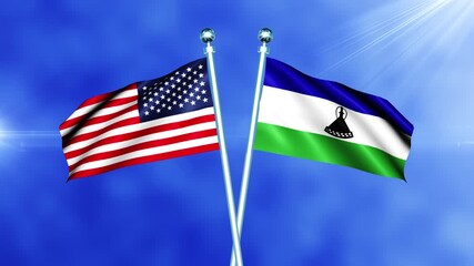USA and Lesotho Flag Waving On Pole Loop