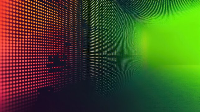 vibrant futuristic corridor of glowing dot matrix panels with red to green neon gradient, deep perspective and immersive luminous atmosphere - Powered by Adobe