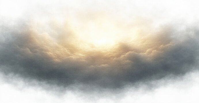golden light breaking through layered gray clouds with soft misty edges, creating a dramatic, serene and hopeful sky