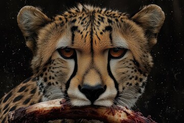 close-up of a cheetah's face holding a blood-stained bone in its mouth, amber eyes locked in an intense predatory stare, spotted fur and whiskers against a dark background