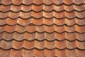 close-up of weathered terracotta roof tiles with repeating wavy pattern and rustic textured surface conveying an aged sturdy feel