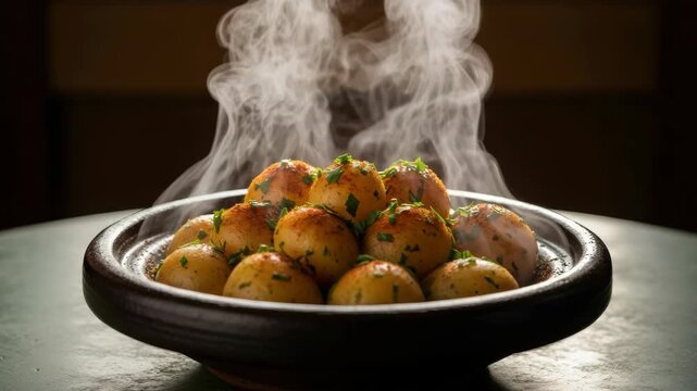 A panoramic sequence showing a steaming hot bowl of freshly cooked baby potatoes with herbs. Delicious comfort food appetizer or side dish served warm for a cozy restaurant meal
