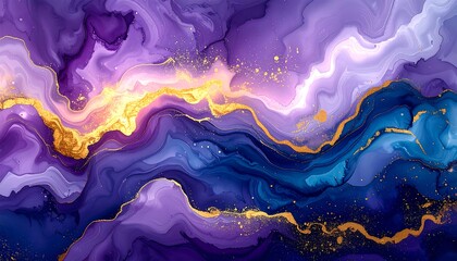 Abstract flowing design with violet, blue, and gold streaks, evocative of marbling or liquid paint effect