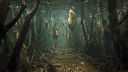 Plastic waste caught in the roots of mangrove trees underwater pollutes the marine ecosystem. Generative AI.