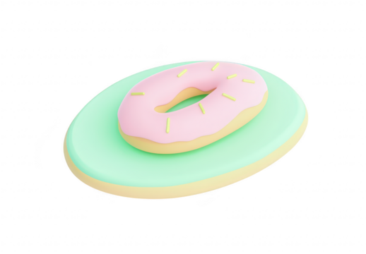 A colorful. stylized donut placed on a pastel-colored plate. its pink icing and sprinkles. set against a clean white background. perfect for food-related content or dessert promotions