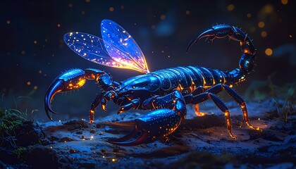 A bioluminescent scorpion with insect-like wings stands on a dark ground. Its claws and body glow with ethereal light