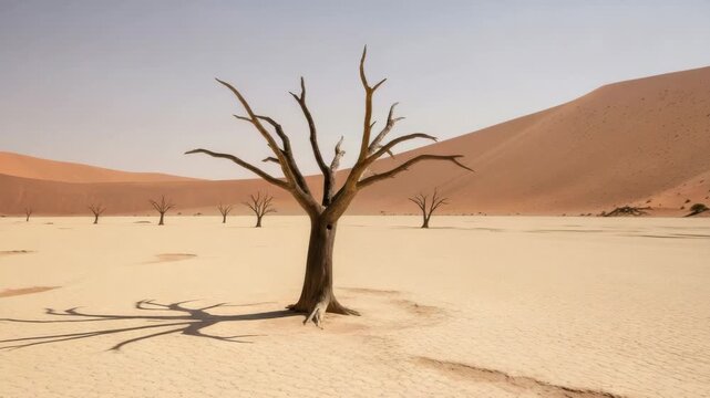 Timelapse sequence of a dead tree's shadow moving across the cracked desert floor. Iconic surreal landscape of deadvlei in namibia with famous red sand dunes