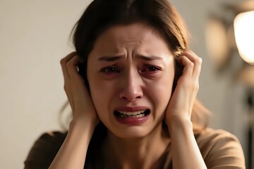 Distraught woman covering ears while desperately crying, overwhelmed by grief and pain, feeling emotional stress and mental health crisis, coping with loss