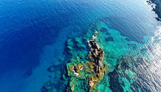 Aerial view of the ocean, displaying vibrant blues and turquoise over submerged rocks and a rocky coastline