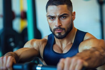 muscular man performing seated rowing exercise in gym, intense focused posture and powerful upper body muscles