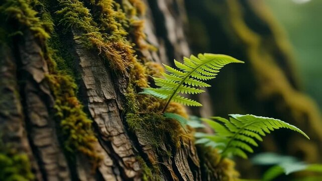 Detailed close-up of a tree trunk covered in lush green moss with vibrant fern fronds growing.