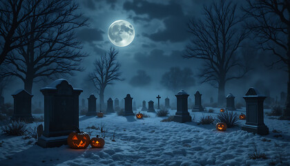 “Dark winter night with full moon, snowy graveyard, glowing pumpkins placed near tombstones, atmospheric spooky fog”