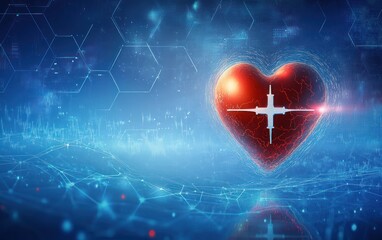 Glowing red heart with crosshair and heartbeat waveform hovering over a blue digital data grid and hexagonal network, futuristic clinical and hopeful atmosphere