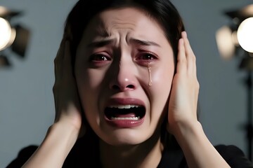 Upset young woman covering ears and crying with tears streaming down her face expressing sorrow grief and pain in challenging and emotionally charged times