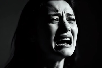 Woman's raw emotion in monochrome portrait, capturing grief and despair, perfect for mental health awareness campaigns or storytelling around emotional struggles