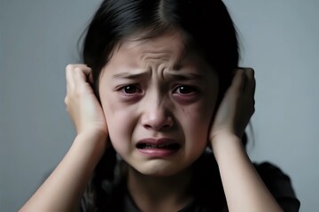 Worried young girl with tears covers her ears, seeking refuge from loud noise or emotional distress, conveying isolation and vulnerability in this moment