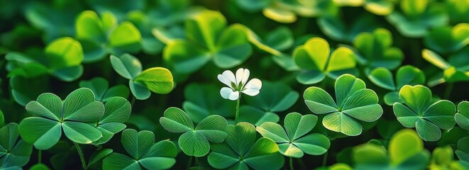 Solitary white flower standing among lush green clover leaves bathed in soft sunlight, evoking calm and hopeful serenity