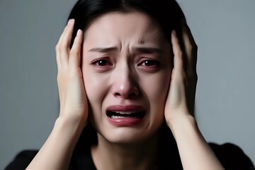Deeply emotional portrait of an Asian woman crying with hands on her head, expressing grief and despair in a raw, vulnerable moment of sadness