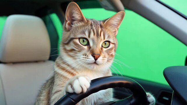 Funny Cat Driving a Car on Green Screen