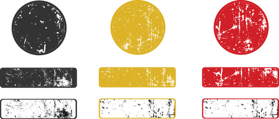 Set of distressed grunge textures and shapes in black, gold, and red; abstract artistic vintage design elements including scratched circles and worn rectangular banners for overlay effects, stamp seal