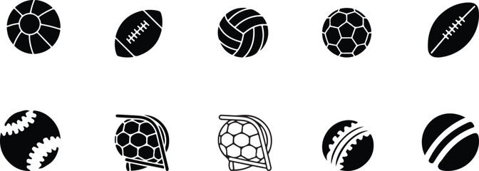Set of various sports balls in simple black and white vector design