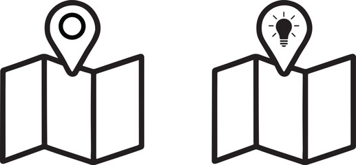 Two maps with location pin and light bulb symbols indicating ideas