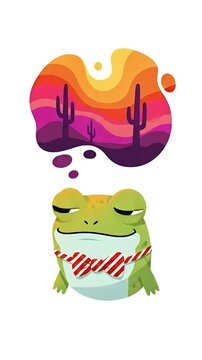 Pixel Frog Dreaming of Desert Sunset with Cactus Silhouette
