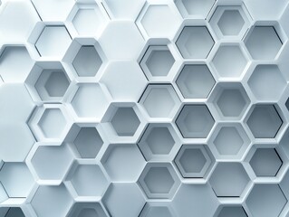 three-dimensional white hexagonal honeycomb pattern with layered recessed cells, subtle shadows and cool tones conveying a calm, minimalist futuristic order