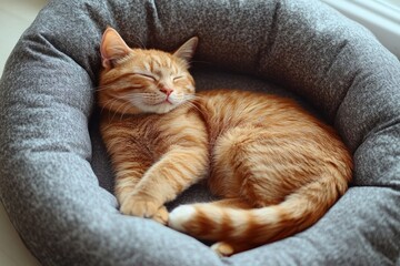 content ginger tabby cat sleeping curled in a soft gray round pet bed, peaceful and cozy in warm daylight