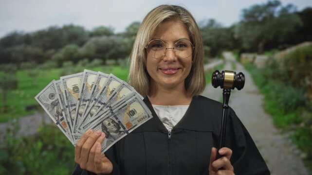 Blonde woman in judge robe holds gavel and fan of dollars in lush dense forest while smiling knowingly; corruption scandal greed bribery.