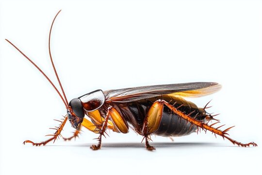 close-up side profile of a glossy brown and black cockroach with long segmented antennae and spiny legs on a white background, evoking a clinical and unsettling mood