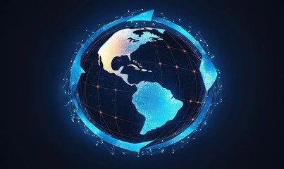 glowing digital globe showing the americas with a luminous network grid, connected nodes and a ring of rotating arrows encircling it, conveying futuristic global connectivity and dynamic energy